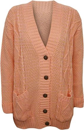Purple Hanger New Womens Everyday Long Sleeve Button Top Ladies Chunky Aran Cable Knit Grandad Cardigan (16-18, Peach)