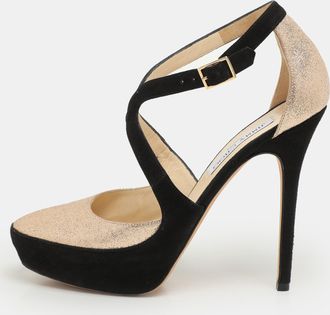 Jimmy Choo London Black Suede And Gold Glitter Fabric Round Toe Ankle Strap Platform Pumps