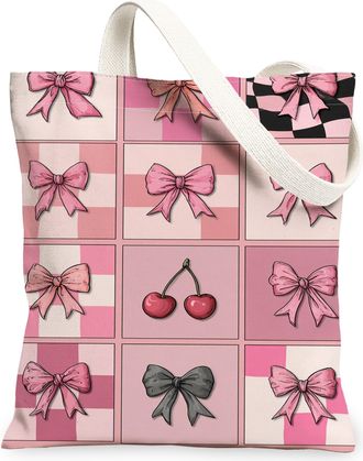 Generic Peach Bows Canvas Tote Bags, Stylish Gift Bow Pattern Reusable Grocery Bags, Spring Floral Lightweight Washable Shoulder St, Peach, 13x15 Inch