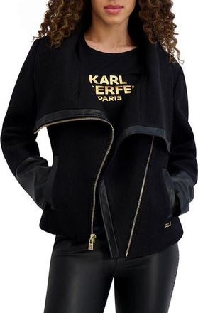 Karl Lagerfeld Wool Blend & Faux Leather Asymmetric Jacket in Black at Nordstrom Rack, Size Large
