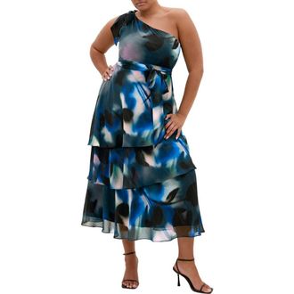 City Chic Metallic One-Shoulder Tiered Dress in Haze Bloom at Nordstrom, Size Xxxs