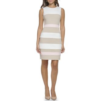 Tommy Hilfiger Womens Scuba Crepe Sheath Dress, Ivory Khaki/Ballerina Pink, 22