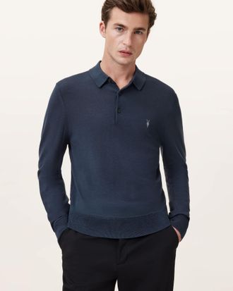 AllSaints Merino Wool Mode Merino Long Sleeve Ramskull Polo Shirt, Size: XXL