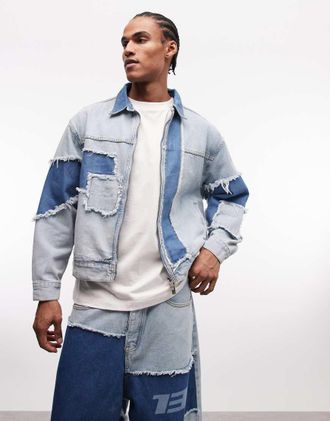 Liquor & Poker Giacca in denim squadrata blu invecchiata cut n sew in coordinato