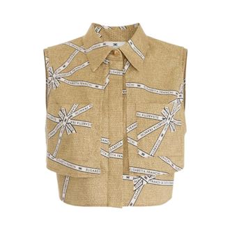 Elisabetta Franchi Shirts, female, Beige, Size: XS Cotton Shirt with Raffia Print and Ribbon