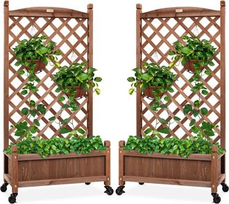 Best Choice Products Set of 2 48in Wood Planter Box & Diamond Lattice Trellis, w/ Drainage, Optional Wheels