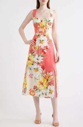 Vince Camuto Floral Print Fit & Flare Midi Dress in Coral Multi at Nordstrom, Size 12