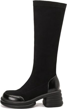 Generic Womens Knee-High Suede PU Leather Boots Round Toe Layered Chunky Platform Block Heels Stretchy Slip On Soft Lining Cushioned Insole Durable Outsole,Bl