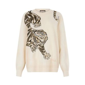 Roberto Cavalli Round-neck Knitwear, female, Beige, Size: XS Wool Sweater with Tiger Motif