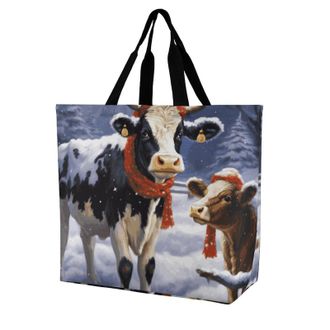 Generic Christmas Snow Cow Shopping Bag Durable Tote Bag Foldable Handbags For Travel Casual Daily Use