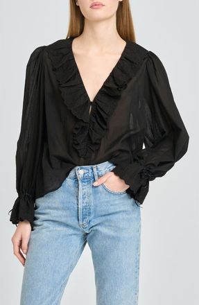Wayf Helena Eyelet Ruffle Cotton Lawn Top in Black at Nordstrom, Size X-Large