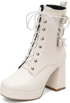 Generic Womens Platform Chunky Heel Mid-calf Boots Lace-Up Punk Gothic Booties,White,5.5 UK