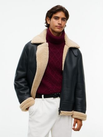 Tommy Hilfiger Mens New York Label Shearling Leather Aviator Jacket - Black - M