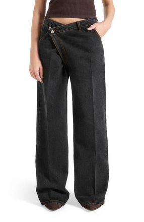 Mani&egrave;re De Voir Astrid Wrapover Denim Wide Leg Jeans in Black at Nordstrom, Size 10
