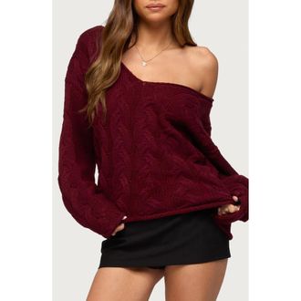 Edikted Inga Oversize V-Neck Cable Sweater in Burgundy at Nordstrom, Size X-Large