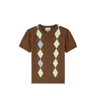 Ganni Argyle-pattern Puff-sleeve T-shirt