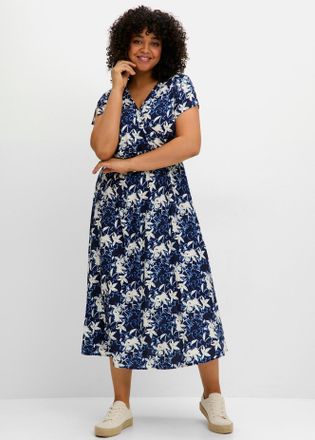 Sheego Druckkleid SHEEGO Druckkleid, Damen, Gr. 40, Normalgr&ouml;ssen, blau (tiefblau, gemustert), 100% Viskose, gebl&uuml;mt, gemustert, lang, V-Ausschnitt, Kleider 