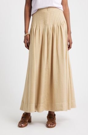 Treasure & Bond Pleat Accent Linen Blend Maxi Skirt in Tan Safari at Nordstrom, Size Xx-Small