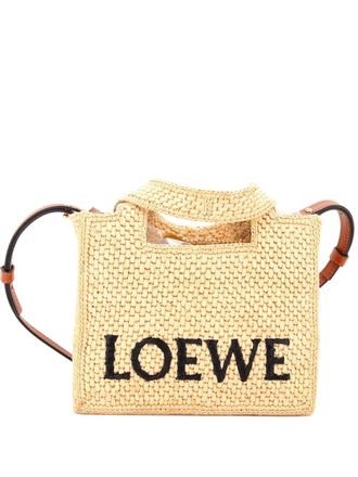 Loewe Paulas Ibiza verstelbare raffia mini shopper met logo - Beige