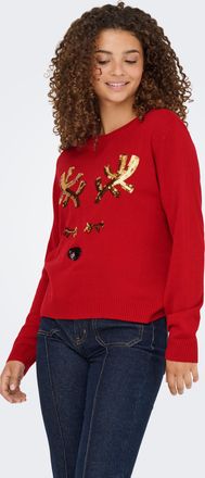 Only Weihnachtspullover ONLY ONLXMAS SHINE LS ONECK KNT, Damen, Gr. XS, salsa detail:sequins antler, Strick, Obermaterial: 100% Polyacryl, gemustert, regul