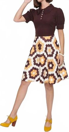 Unique Vintage Honey Comb Pattern Flare Dress In Brown