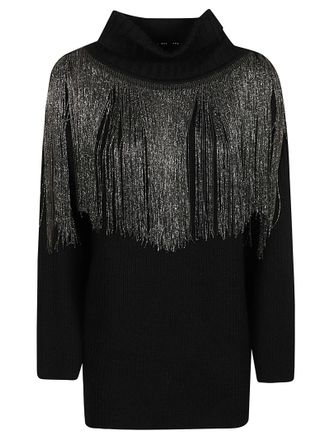 Pinko Black Ribbed Turtleneck Sweater with Metallic Fringe Detail