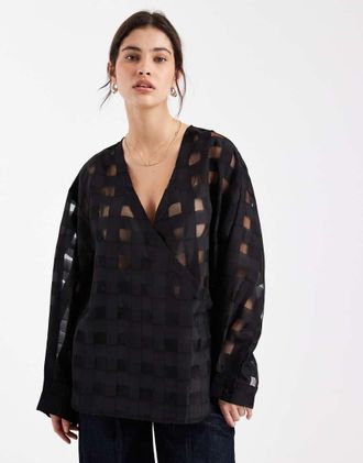 Object Blusa oversize nera a quadri con parte anteriore a portafoglio trasparente-Nero