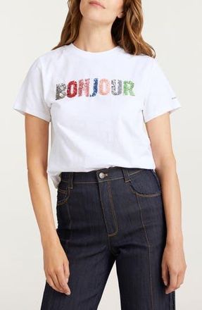 Cinq &agrave; Sept Bonjour Sequin Appliqu&eacute; Cotton T-Shirt in White/Multi at Nordstrom Rack, Size X-Small