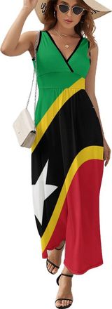 Generic Saint Kitts and Nevis Flag Womens Maxi Dress Sleeveless V Neck Dresses Casual Outfits L