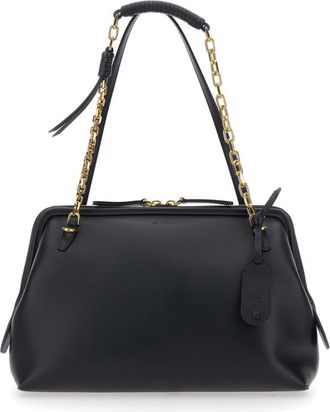 Etro Black Shoulder Bag With Chain-Link Shoulder Strap And Tag With Embossed Logo On The Front In Leather