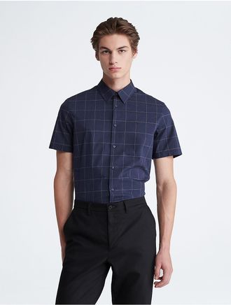 Calvin Klein Mens Windowpane Slim Stretch Short Sleeve Button-Down Shirt - Navy - XS