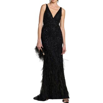 Mac Duggal Embellished Feather Detail Hem Gown in Black at Nordstrom, Size 2