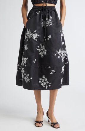 Cinq à Sept Wildflower Whimsy Embroidered Drawstring Skirt in Black/Ivory at Nordstrom, Size Medium