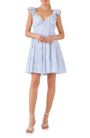 English Factory Check Print Tiered Minidress in Blue at Nordstrom, Size Medium