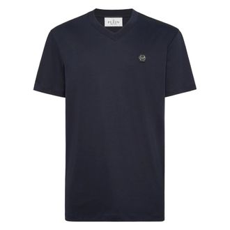 Philipp Plein Tops, Heren, Blauw, XS, Katoen, Basic V-Neck T-Shirt Hexagon