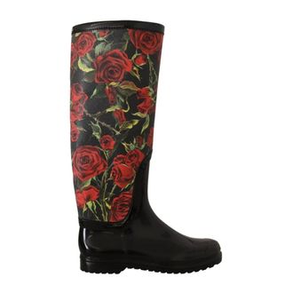 Dolce & Gabbana Schoenen, Dames, Zwart, 36 EU, Rode Rozenprint Regenlaarzen
