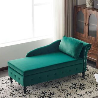 Merax Velvet Right Arm Chaise Longue Sofa with Storage, Pillow in Green