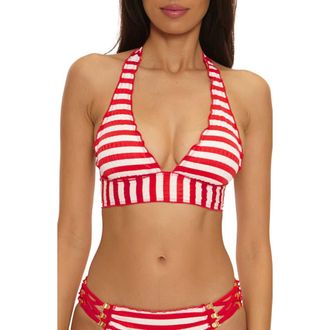 BECCA by Rebecca Virtue Sail Away Stripe Halter Bikini Top in Ruby at Nordstrom, Size Medium
