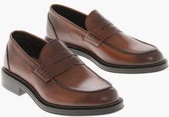 A.Testoni Brushed Leather Penny Loafers with Fum&eacute; Effect size 10