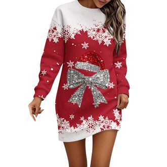 Generic Christmas Dresses for Women Ladies Christmas Dress Long Sleeve Jumper Dress for Women UK Round Neck Xmas Graphic Print Women Dresses Winter Casual Dre