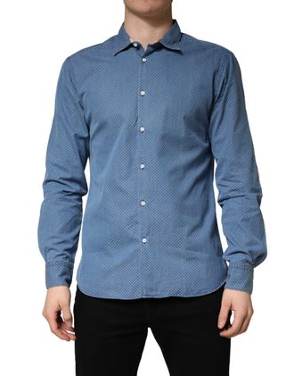 Aglini Blue Cotton Slim Fit Collared LongSleeve Casual Mens Shirt (Pre-Owned)