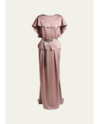 Lanvin Capelet-Sleeve Metallic Belted Satin Maxi Dress