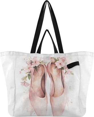 Generic Floral High Heel Pink print Reusable Canvas Tote Bag, Heavy Duty Grocery Shopping Bag with Hard Bottom Double Handles Large Capacity Work Groceries Tr