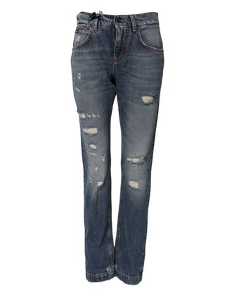 Dolce & Gabbana Womens Blue Cotton Boyfriend Tattered Denim Jeans Clothing