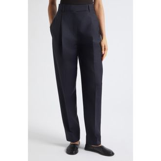 R&oacute;he Daria Pleated High Waist Tapered Virgin Wool & Mohair Trousers in Navy at Nordstrom, Size 36