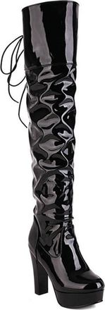 Generic Womens Pleated Over The Knee Boots Lace Up Chunky Heel Platform Round Toe Thigh High Fashion Winter Party Nightclub Shoes (Black,7.5)