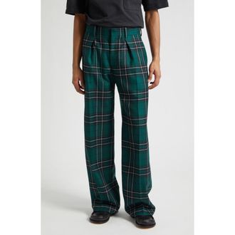 J.W.Anderson Plaid Pleated Straight Leg Wool Trousers in Forest Green at Nordstrom, Size 36 Us