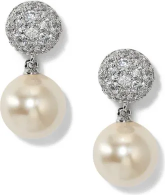 Nadri Pav&eacute; Stone and Imitation Pearl Double Drop Earrings in Rhodium at Nordstrom