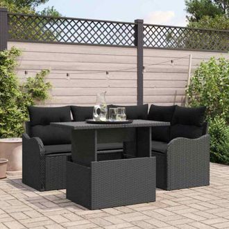 vidaXL Vidaxl - Conjunto De Sof&aacute; De Jard&iacute;n Con Coj&iacute;n 5 Pcs Negro Polirat&aacute;n
