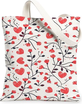 Generic Floral Canvas Tote Bags, Heart Pattern Reusable Grocery Bags, Spring Vintage Lightweight Washable Shoulder Strap Canvas for, Red, 13x15 Inch